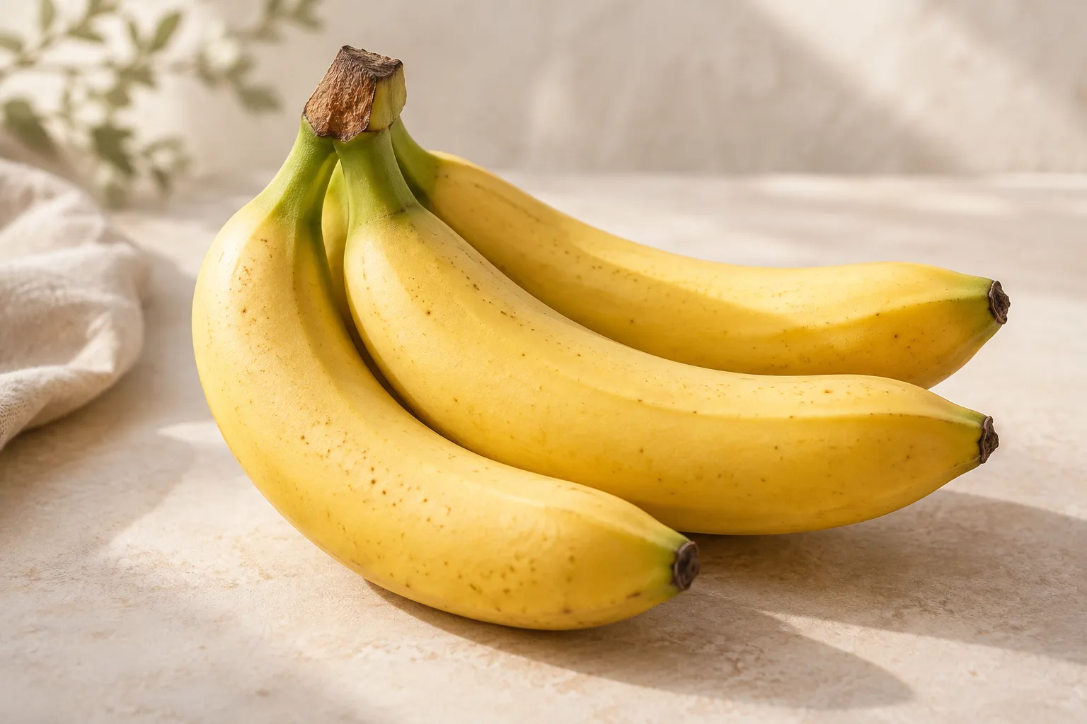 Kiść dojrzałych bananów na jasnym blacie kuchennym.