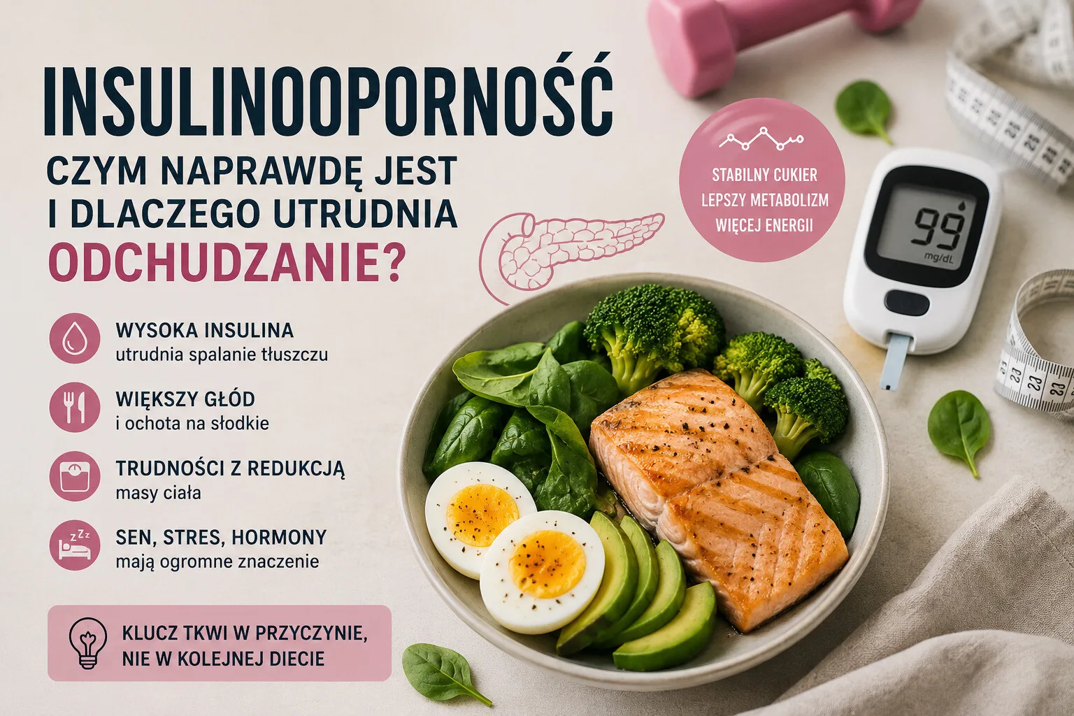 Infografika o insulinooporności z glukometrem i posiłkiem z łososiem, jajkiem, brokułami oraz awokado