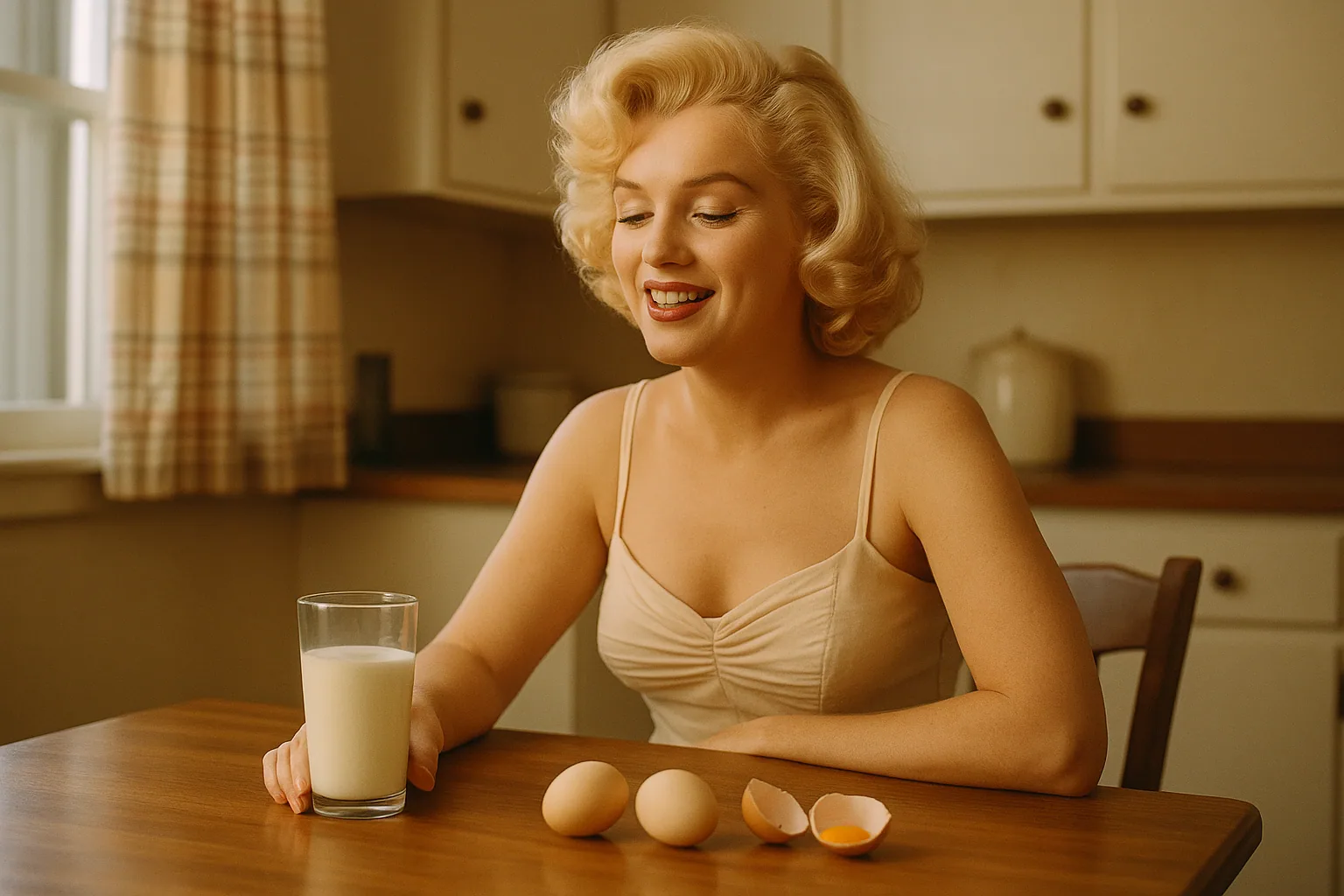 Stylizowany portret Marilyn Monroe przy szklance mleka i jajkach na stole
