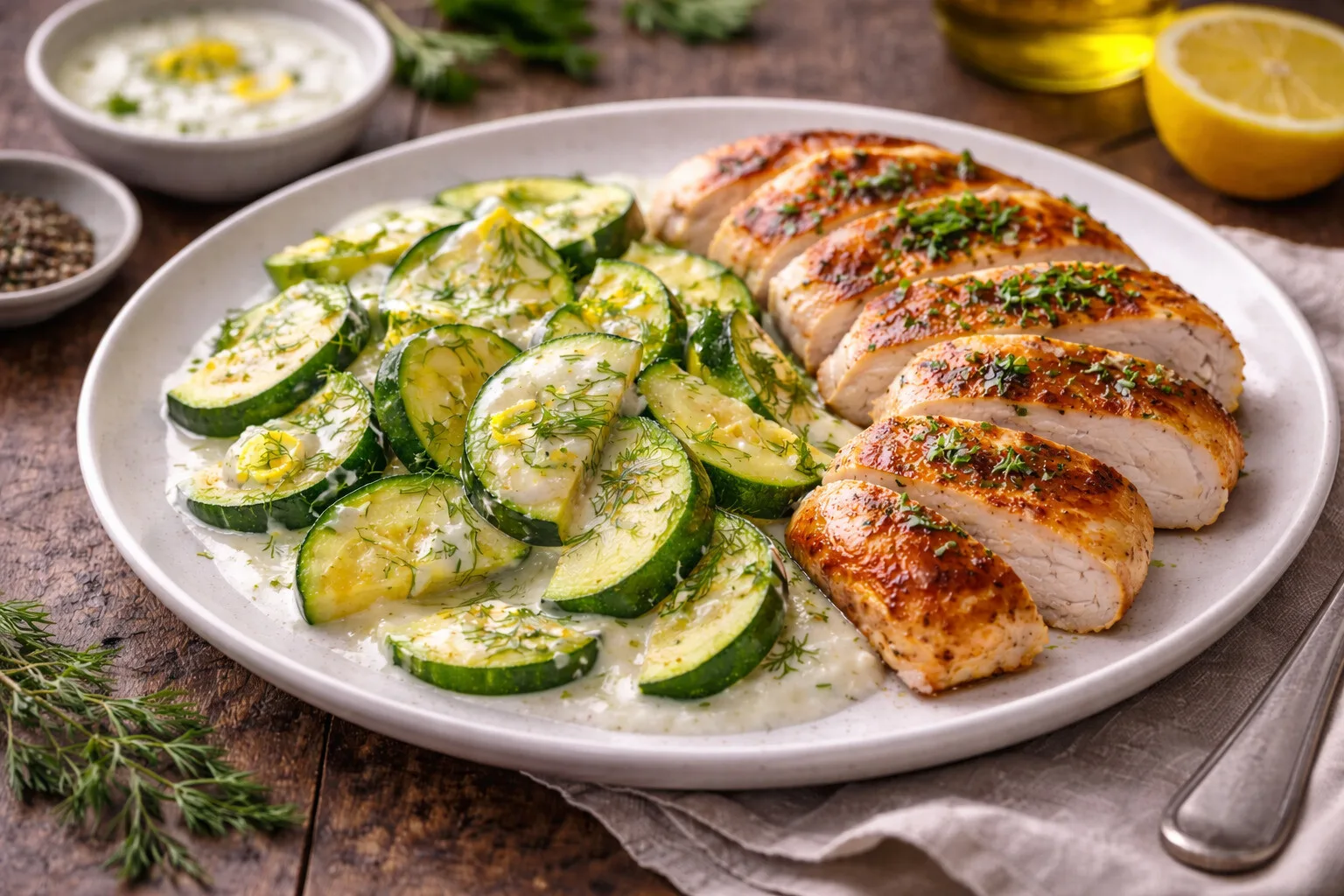 Lekki obiad low carb bez ciężkości: duszona cukinia z jogurtem, cytryną i grillowanym kurczakiem