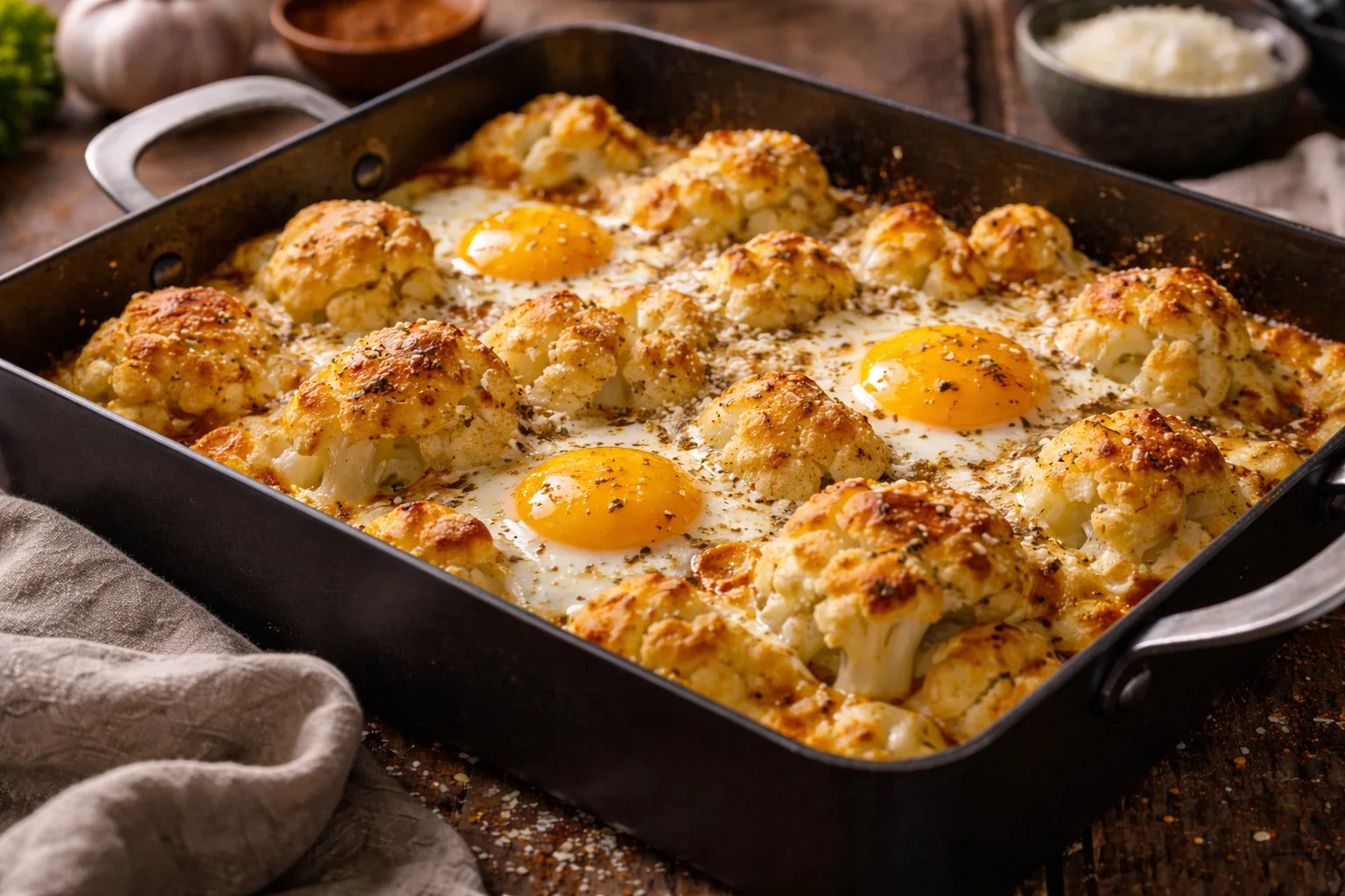 Zapiekany kalafior z jajkami sadzonymi i parmezanem — proste danie low carb
