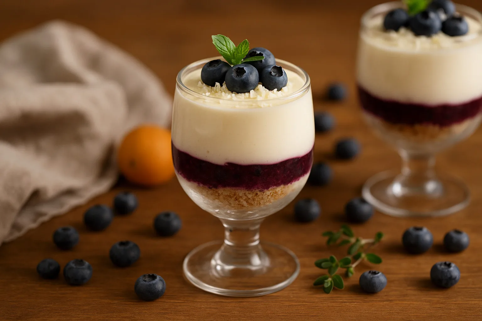 Śnieżna Noc low carb – deser z borówkami i białą czekoladą w pucharze
