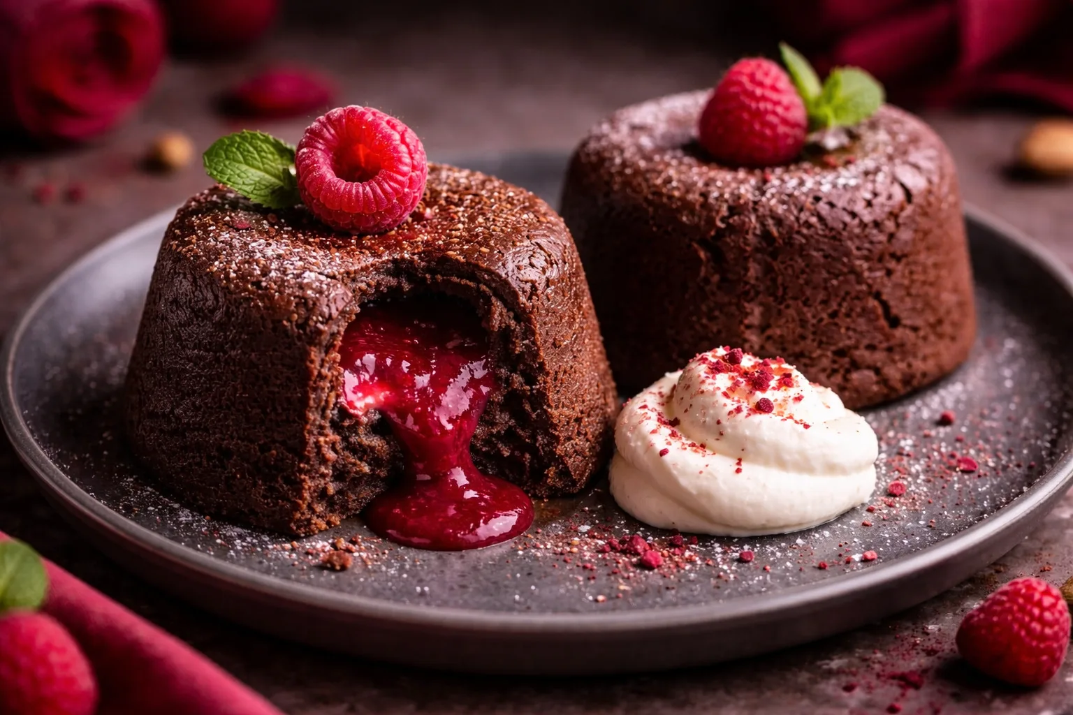 Czekoladowy fondant z malinowym sercem.
